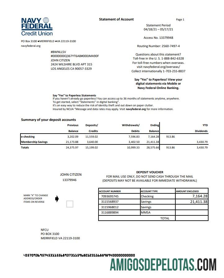 Exemplo de PDF em Excel da União de Crédito Federal da Marinha dos EUA